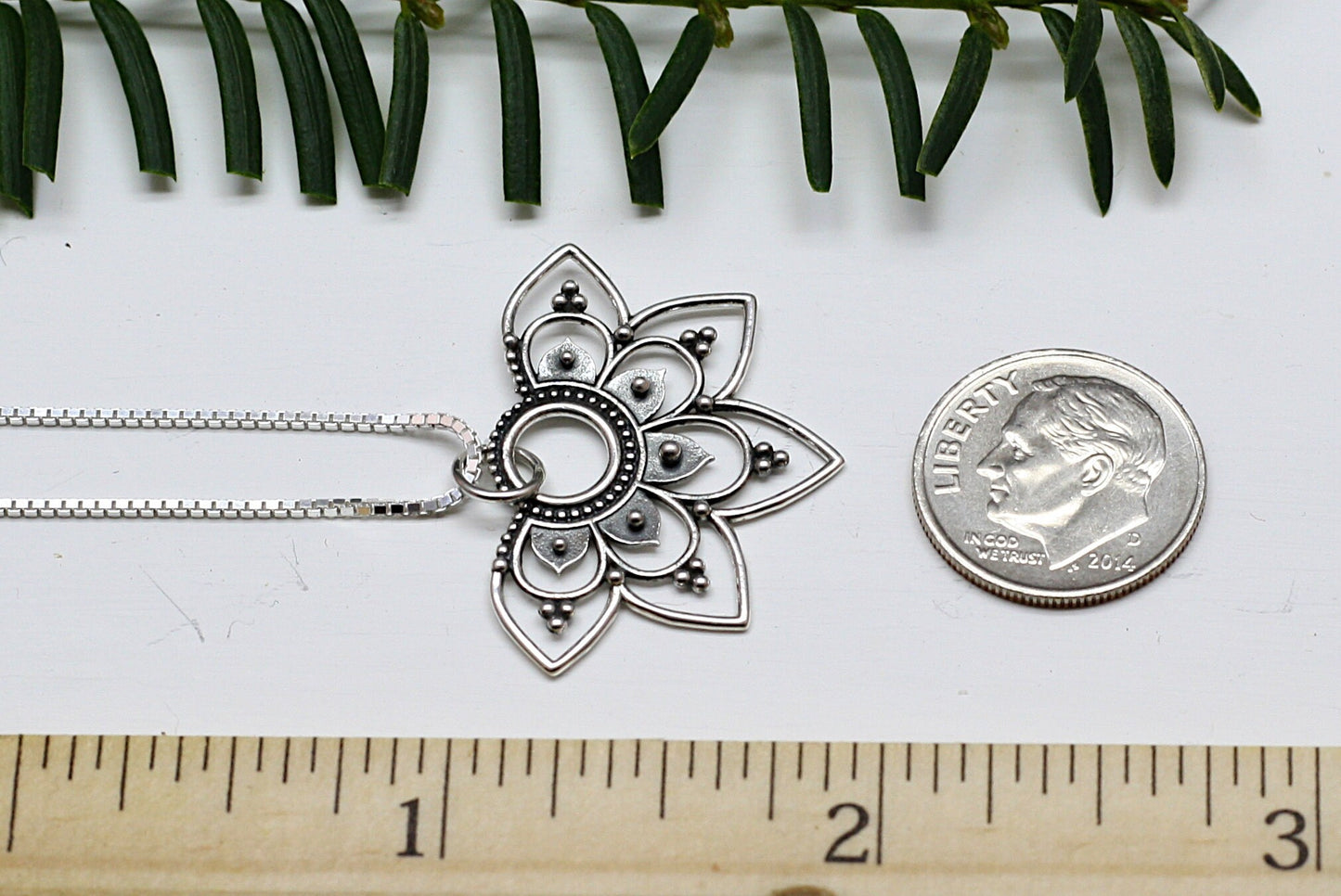 Mandala Sterling Silver Lotus Necklace,Half Mandala Sterling Silver