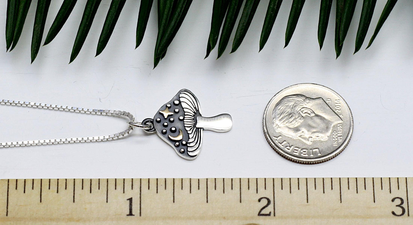 Sterling Silver Mushroom Necklace with a Bronze Moon and Stars