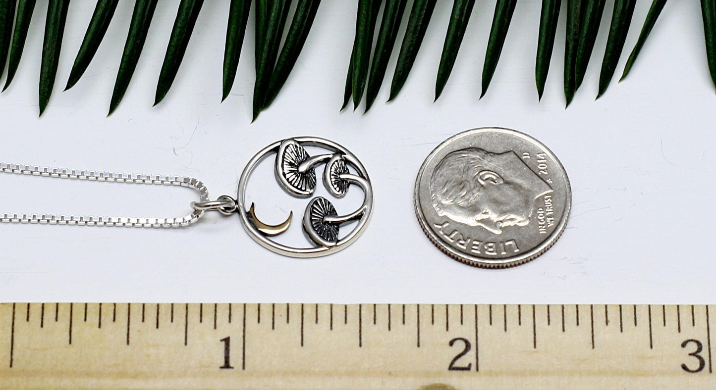 Sterling Silver Mushroom Necklace with a Bronze Moon