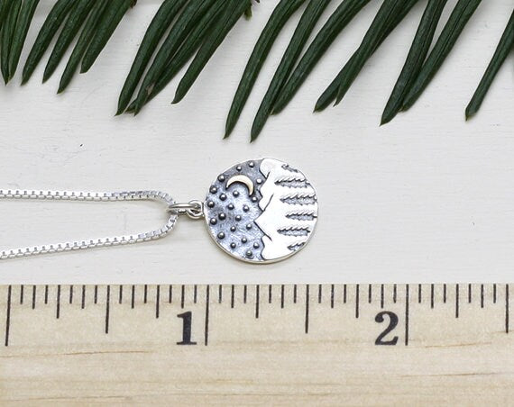 Sterling Silver Mountain Range with Pine Trees, Stars and Bronze Moon Necklace