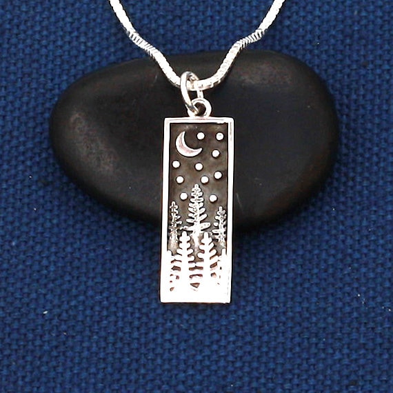 Silver Pine Tree with Moon Necklace