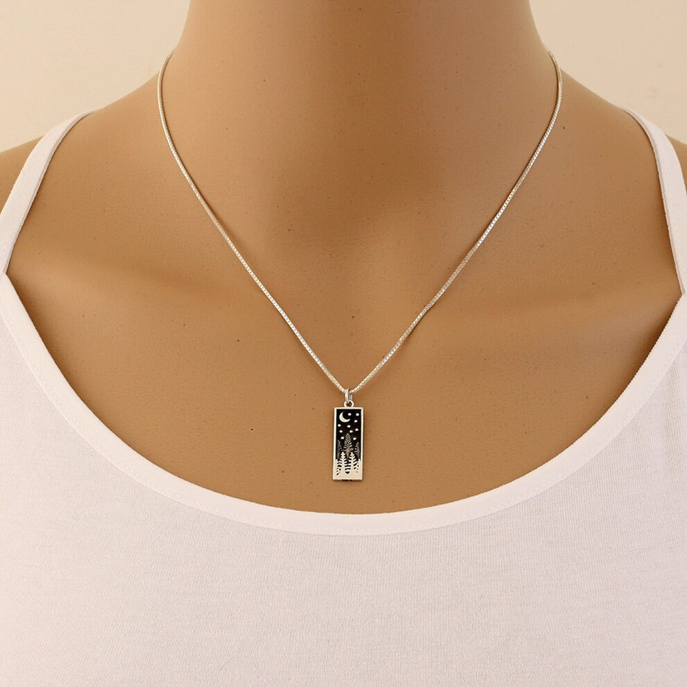 Silver Pine Tree with Moon Necklace