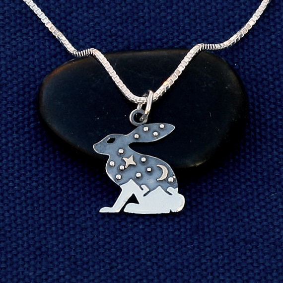 Sterling Silver Hare/Rabbit with Bronze Moon & Star Necklace