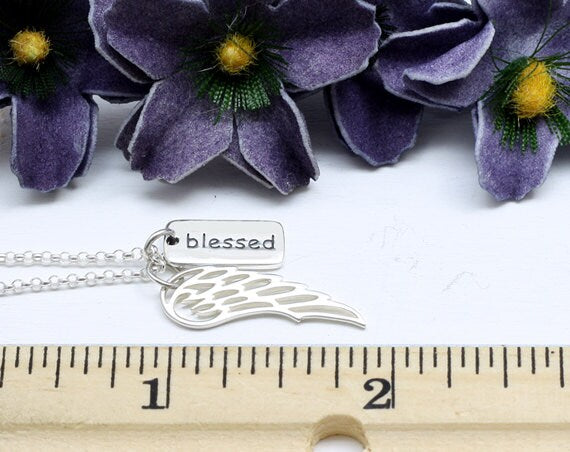 Sterling Silver Angel Wing and Blessed Word Charm Necklace