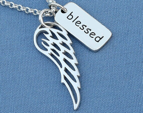 Sterling Silver Angel Wing and Blessed Word Charm Necklace