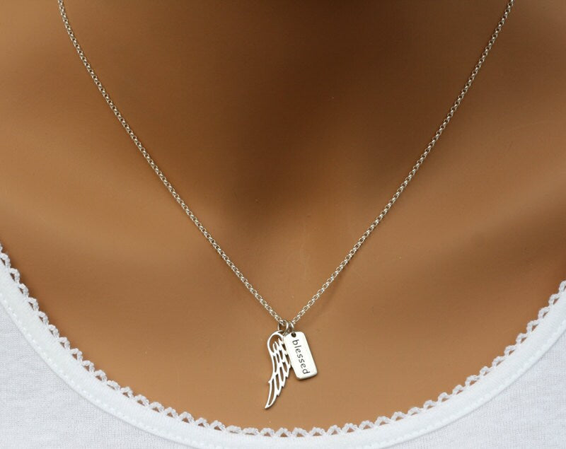 Sterling Silver Angel Wing and Blessed Word Charm Necklace
