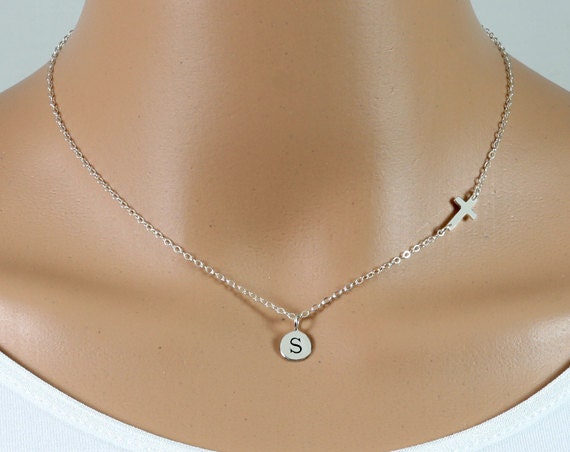 Sterling Silver Sideways Cross Initial Necklace