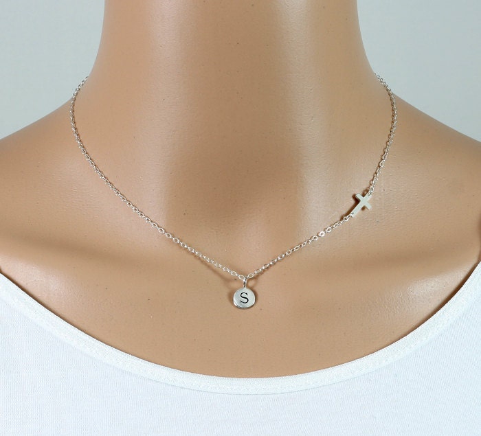 Sterling Silver Sideways Cross Initial Necklace