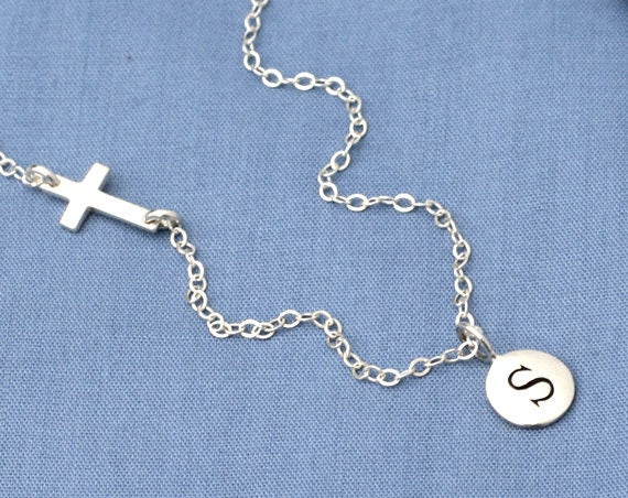 Sterling Silver Sideways Cross Initial Necklace