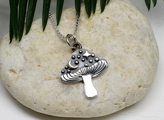 Sterling Silver Mushroom Necklace with a Bronze Moon and Stars