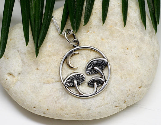Sterling Silver Mushroom Necklace with a Bronze Moon