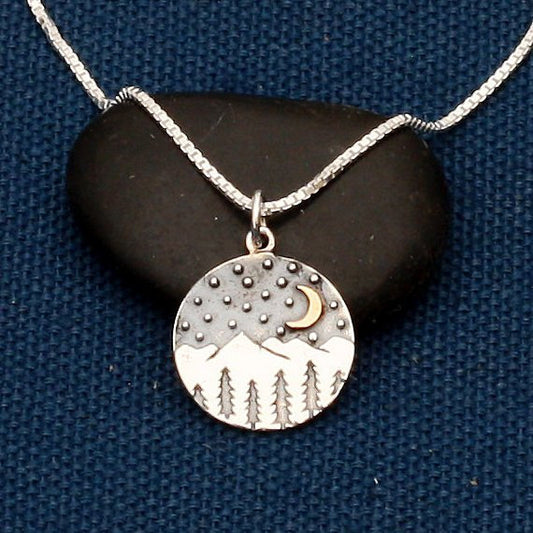 Sterling Silver Mountain Range with Pine Trees, Stars and Bronze Moon Necklace