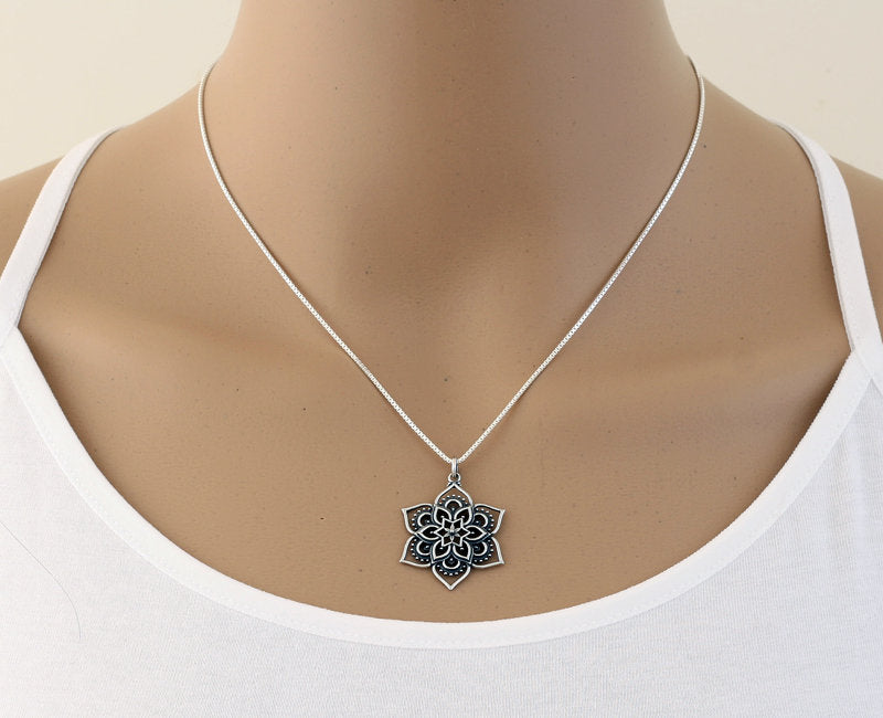 Sterling Silver Lotus Mandala Necklace