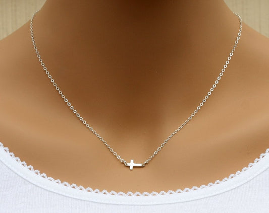 Sterling Silver Small Sideways Cross Necklace