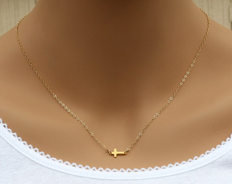 Gold Sideways Small Cross Necklace